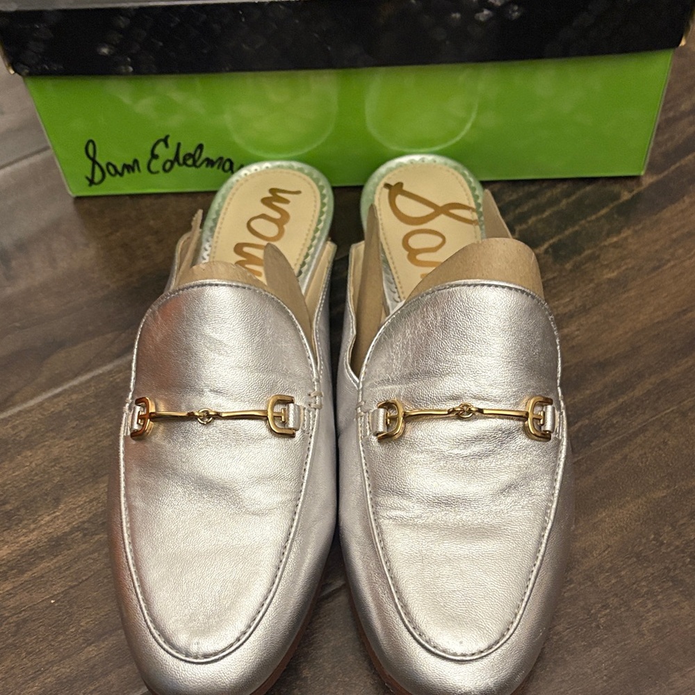 Sam Edelman Silver Leather Backless Loafers with Gold Horsebit